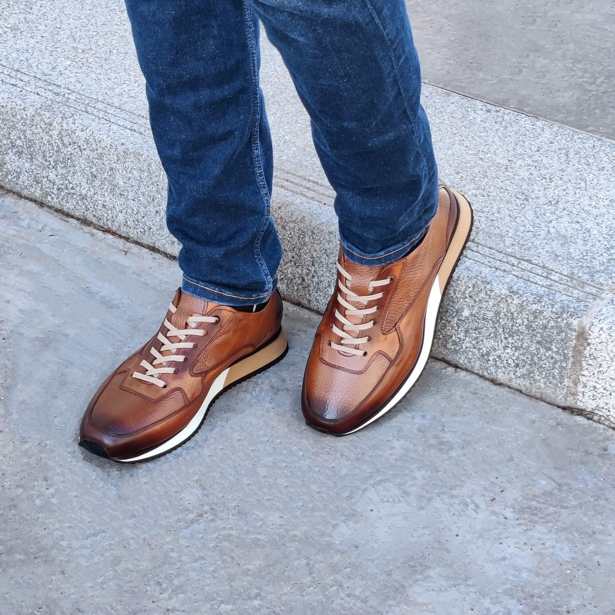 Sneakers Homme Cuir Camel Patiné - Peter
