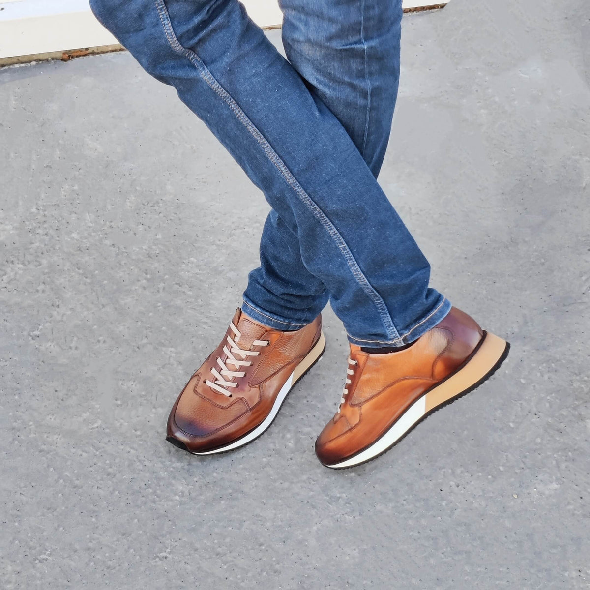 Sneakers Homme Cuir Camel Patiné - Peter