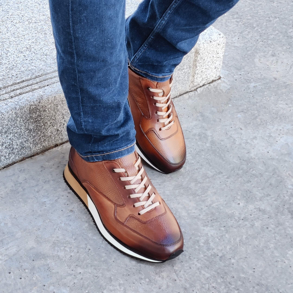 Sneakers Homme Cuir Camel Patiné - Peter