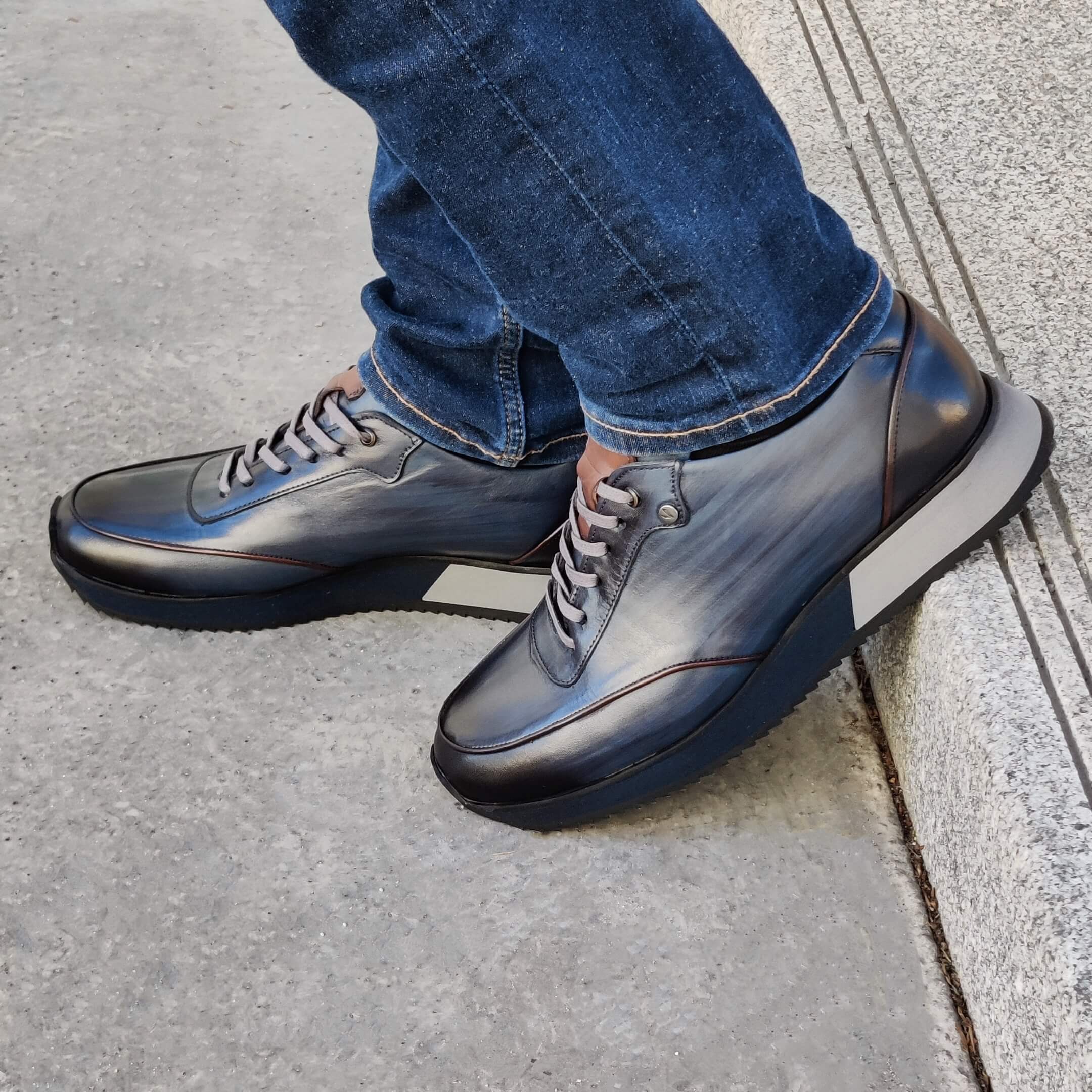 Sneakers Chaussure Cuir Bleu Sneakers Homme Cuir Bleu Patiné River