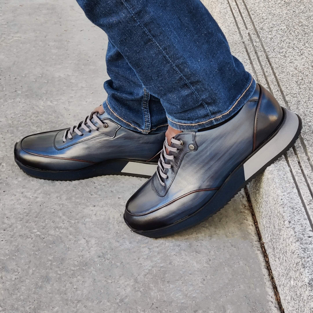 Sneakers Homme Cuir Bleu Patiné - River